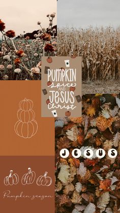 pumpkins and jesus collage with autumn leaves in the foreground, an image of cornfield