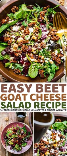 easy beet goat cheese salad recipe with spinach, walnuts and feta cheese