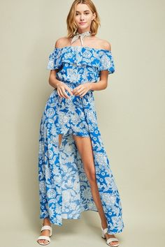 Blue Paisley Off-Shoulder Romper - Hippie Vibe Tribe Summer Off-shoulder Flowy Maxi Dress, Bohemian Off-shoulder Maxi Dress For Beach Season, Summer Bohemian Off-shoulder Maxi Dress, Bohemian Off-shoulder Maxi Dress For Summer, Bohemian Off-shoulder Summer Maxi Dress, Breezy Flowy Skirt Maxi Dress For Day Out, Off-shoulder Chiffon Maxi Dress For The Beach, Blue Floor-length Maxi Dress For Summer, Spring Breezy Maxi Dress With Flowy Skirt