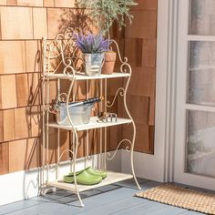 a potted plant sitting on top of a metal shelf next to a door way