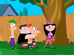 the cartoon family is standing in front of a tree and looking at something on the ground