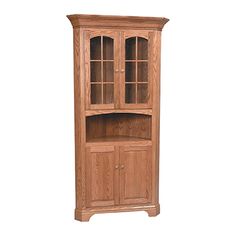 a wooden corner cabinet with glass doors