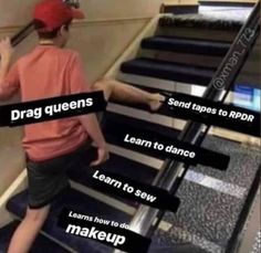 a young boy walking up an escalator with the words drag queens and learn to sew