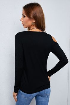 Black Asymmetric Cold Shoulder Long Sleeve Top Black Asymmetrical Solid Color Tops, Casual Black Top With Asymmetrical Neckline, Black Asymmetrical Top For Fall, Black Top With Asymmetrical Neckline For Fall, Round Neck Long Sleeve Top, Cutout Neckline, Picture Style, Cold Shoulder Long Sleeve, White Leopard