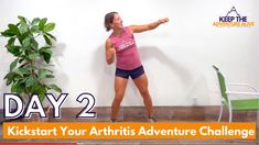 a woman standing in front of a white wall with the words kickstart your arthriis adventure challenge