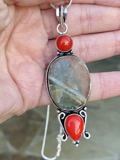 "Gorgeous, one-of-a-kind, big and long, multi gemstone pendant necklace: natural raw/rough Jasper, and red coral, set in 925 sterling silver plated over copper. 16\" inches long 925 solid sterling silver snake chain. Pendant size: 3\" x 1\" inches, approximately." Silver Necklaces With Carnelian And Natural Stones, Unique Carnelian Stone Jewelry, Silver Carnelian Necklaces With Natural Stones, Unique Necklaces With Rectangular Natural Stone Pendant, Silver Carnelian Necklace With Natural Stones, Unique Red Jewelry With Large Stone, Silver Red Coral Necklace As Gift, Unique Carnelian Jewelry With Large Stone, Red Coral Pendant Jewelry For Gift