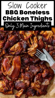 slow cooker bbq boneless chicken thighs on a cutting board with text overlay