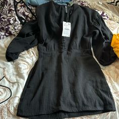 Great New Dress Gives Great Shape Linen Zara Black Mini Dress For Brunch, Zara Black Dress For Brunch, Zara Black Long Sleeve Dress, Puff Sleeves Dress, Sleeves Dress, Vacation Dresses, Zara Black, Zara Dresses, Puff Sleeves