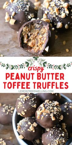 chocolate covered peanut butter toffee truffles in a bowl with nuts on top