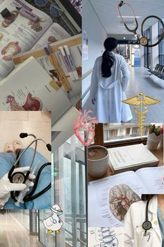 a collage of pictures with doctors and medical equipment in them, including books, stethoscopes