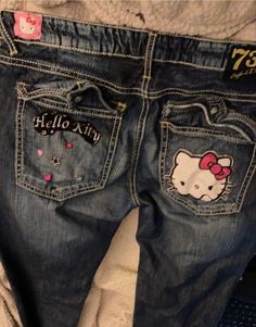 Mcbling Jeans, Hello Kitty Jeans, Hello Kitty Pants, Mcbling Fashion, Trashy Outfits, Kawaii Y2k, Kitty Clothes, Bling Jeans, Hello Kitty Clothes