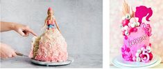 there are two pictures one has a barbie doll and the other has a pink cake