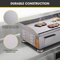 an electric grill with two hamburgers and eggs on the burner, surrounded by instructions