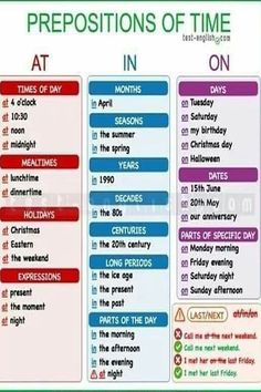 the prepositions of time in english with pictures and words on it, including