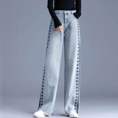 Product information: Color: NH9999# nostalgic wide-leg pants Pants length: trousers Waist type: high waist Size: 26, 27, 28, 29, 30, 31, 32, 33, 34 Style type: Japanese and Korean casual Popular elements: washed Style: wide leg pants Fabric name: denim Main fabric composition: Cotton Pants type: loose type Style: Korean style Craft: stone washing Size: Note: 1. Asian sizes are 1 to 2 sizes smaller than European and American people. Choose the larger size if your size between two sizes. Please al Trendy Wide Leg Bottoms With Floral Embroidery, Trendy Floral Embroidered Wide Leg Bottoms, Embroidered Cotton Wide Leg Pants, Floral Embroidered Wide Leg Pants, Denim Trousers Women, Fashion Construction, Wide Legged Jeans, Outfits Stylish, Jeans High Waist