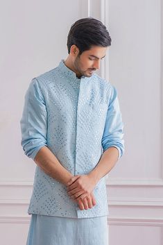 Editor's Note Featuring A Traditional Powder Blue Nehru Jacket With Delicate Machine And Mirror Embroidery And Minimal Details. Perfect For Any Indoor/outdoor Mehndi Occasion. This Comes With A... Outdoor Mehndi, Nehru Jacket With Kurta, Kurta Designs Men's, Nehru Jacket For Men, Indian Wedding Clothes For Men, Wedding Kurta For Men, Boys Kurta Design, Groom Dress Men, Kurta Pajama Men