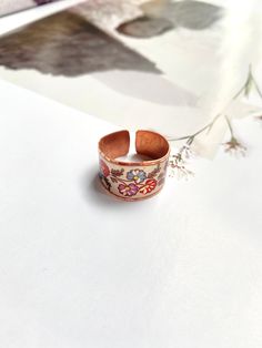 "Coloured Floral Patterned Copper Resizable Ring, Copper Ring Women, Rings For Women, Dainty Vintage Rings, Adjustable Copper Ring  ⁃ Our copper accessories are high quality, durable, and famous paintings are printed in high resolution on engraved natural copper plate. Material: SURFACE TYPE: Copper THICKNESS: 0.4 mm Sizes: Ring Width: 0.98\" Adjustable Design - Our ring can be carefully bent in the middle to help them better fit fingers of all different sizes. They also slide on safely and comfortably, making them good for teens and adults alike. How to Order: - Choose quantity and add to cart. After you can check our other models and fill the cart, you can make a secure payment via Etsy Payments. - After the order has been completed we will start to prepare your package for delivery. Ple Copper Artwork, Copper Accessories, Copper Plate, Famous Paintings, Copper Sheets, Copper Style, Copper Ring, Copper Rings, Ring Women