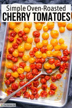 Red and yellow roasted cherry tomatoes and silver serving spoon on baking sheet. Title: Simple Oven-Roasted Cherry Tomatoes. Roast Cherry Tomatoes In Oven, How To Roast Cherry Tomatoes In The Oven, Roasting Cherry Tomatoes In Oven, Roasted Cherry Tomatoes Oven, Roasted Tomatoes Oven, Oven Roasted Cherry Tomatoes, Cherry Tomatoes Recipe, Winter Foods, Cherry Tomato Recipes