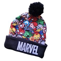 Marvel Super Hero Winter Hat With Pom Pom Top. Tag Says One Size Fits All For Ages 14+. New Without Tags. Approx Measurements Height 11" Width 9" Marvel Accessories, Hat With Pom Pom, Pom Pom Hat, Winter Hat, Marvel Superheroes, Super Hero, One Size Fits All, Black Red, Accessories Hats