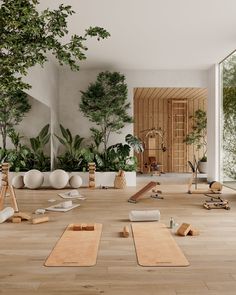 a room with yoga mats and potted plants on the floor in front of a sign that says most loved first - rate workout from that guarantes pleasure