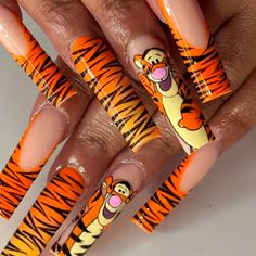 Tiger Print Sunflower Nails, Long Press On Nails, Glow Nails, Animal Cartoon, Womens Nails, Cute Nail Designs