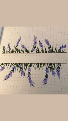 some purple flowers are growing on the side of a sheet of paper with dotted lines