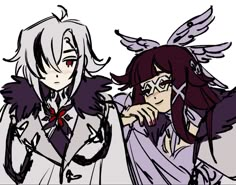 two anime characters one with angel wings and the other with short hair, both looking at something