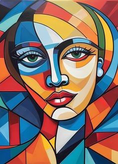 an abstract painting of a woman's face with colorful geometric shapes and colors on it