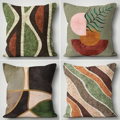 four pillows with different designs on them, one is green and the other is brown