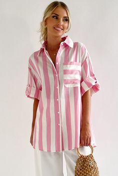 Striped Button Up Rolled Sleeves Shirt Striped Button-up Shirt For Day Out, Summer Striped Blouse With Buttons, Spring Striped Shirt With Buttons, Pink Button-up Shirt For Day Out, Chic Striped Shirt For Beach, Striped Button-up Vacation Shirt, Striped Summer Shirt With Buttons, Striped Button-up Beach Shirt, Spring Striped Shirt With Button Closure