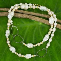 White Pearl Necklace with Sterling Silver and 24k Gold Plate - Exotic Muse | NOVICA Amethyst Necklace Pendant, Beaded Tassel Necklace, Special Necklace, Sterling Silver Cross Pendant, White Pearl Necklace, Station Necklace, Freshwater Cultured Pearls, Sterling Silver Cross, Sterling Silver Hoops