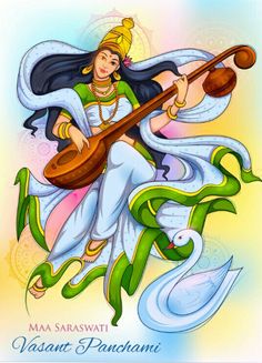 Saraswati Devi Drawing, Saraswati Maa Drawing, Panchami Photo, Hindu Sketches, Saraswathi Devi, Saraswati Painting, Happy Vasant Panchami, Janmashtami Celebration, Vasant Panchami