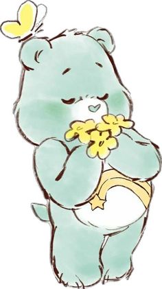 a drawing of a blue teddy bear holding a flower