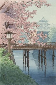 a painting of a bridge over water with cherry blossoms on the trees and in the background is a pagoda