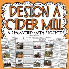 a poster with the words design a cider mill on it and pictures of farm equipment