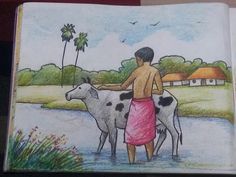 a drawing of a man standing next to two cows in a river with houses and palm trees behind him