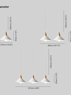 three different types of pendant lights with measurements