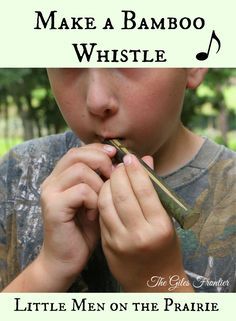 a little boy that is holding something in his mouth with the words make a bamboo whistle