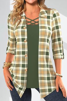 Fake 2in1 Plaid Sage Green Shirt Collar Blouse Sage Green Shirt, Shirt Collar Blouse, Floral Print Jacket, A Line Maxi Dress, Tshirt Refashion, Womens Trendy Tops, Trendy Tops For Women, Half Sleeve Blouse, Ladies Shirts