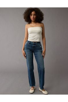 Stretch/Mid-weight structured denim with just enough stretch for everyday comfort/Holds its shape & won't bag out. Ever./Medium wash Curvy Jeans, Straight Jeans, Straight Leg Jeans, Women's Jeans, American Eagle Outfitters, American Eagle, Straight Leg, Women Jeans, High Waisted