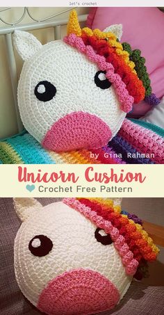 Crochet Unicorn Pillow for kids Free Pattern Crochet Kids Pillow, Crochet Unicorn Pattern Free, Crochet Pillow Patterns Free, Crochet Unicorn Pattern, Unicorn Cushion, Kids Pillow, Unicorn Pillow, Crochet Kids, Crochet Pillow Pattern