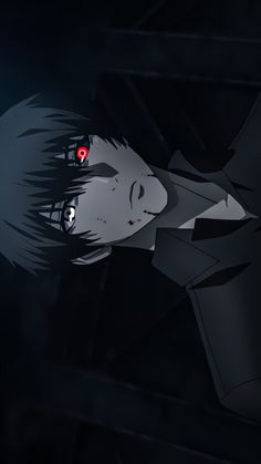 an anime character with black hair and red eyes looking at something in the dark sky