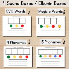 four sound boxes / elkonn boxes for cvc words, magic e words and phonemes