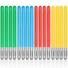 six different colored pens lined up in a row