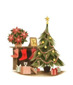 a drawing of a christmas tree next to a fireplace with stockings and presents on it