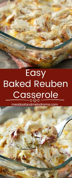 an easy baked reuben casserole with cheese and bacon in a glass baking dish