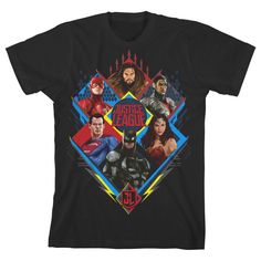 the justice league t - shirt is shown in black and features an image of superman, wonder