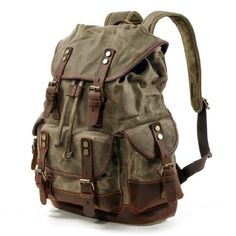 Large Capacity Leather Canvas Backpacks For Men School Bags Vintage Waterproof Daypack High Quality Canvas Stitching, Fishing Backpack, Waxed Canvas Backpack, Bags 2024, Retro Backpack, Backpack Vintage, Trendy Bags, Hiking Bag, Vintage Backpacks