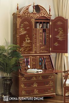 A remake of an 18th century Queen Anne secretary cabinet. Made of wood with gold highlighted Chinoiserie scenery over an antique crackled red finish, it is a work of art inside and out. French Chinoiserie, Chinoiserie Furniture, Cheap Bedroom Furniture, Asian Furniture, China Furniture, Asian Homes, Asian Home Decor, Chinoiserie Style, Asian Decor