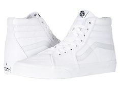 Vans SK8-Hi Core Classics (True White) Shoes From shredding pools to holding down your daily look do it style with the classic Vans SK8-Hi Core Classics skate shoes. Skateboard shoes in a high-top silhouette. Uppers of suede and canvas or canvas. Perfed upper. Cotton drill lining. Collar padding. Triple stitching on collar. Die-cut EVA insert. Vulcanized construction: â? Slimmed-down profile offers a flexible feel. â? Gum rubber #Vans #Shoes #ClosedFootwear #GeneralClosedFootwear #White Black Leather Trainers, Vans Sk8 Hi Reissue, Sk8 Hi Vans, Men's High Top Sneakers, Sneakers Vans, Pattern Shoes, Classic Vans, Black Leather Sneakers, Shoes Vans